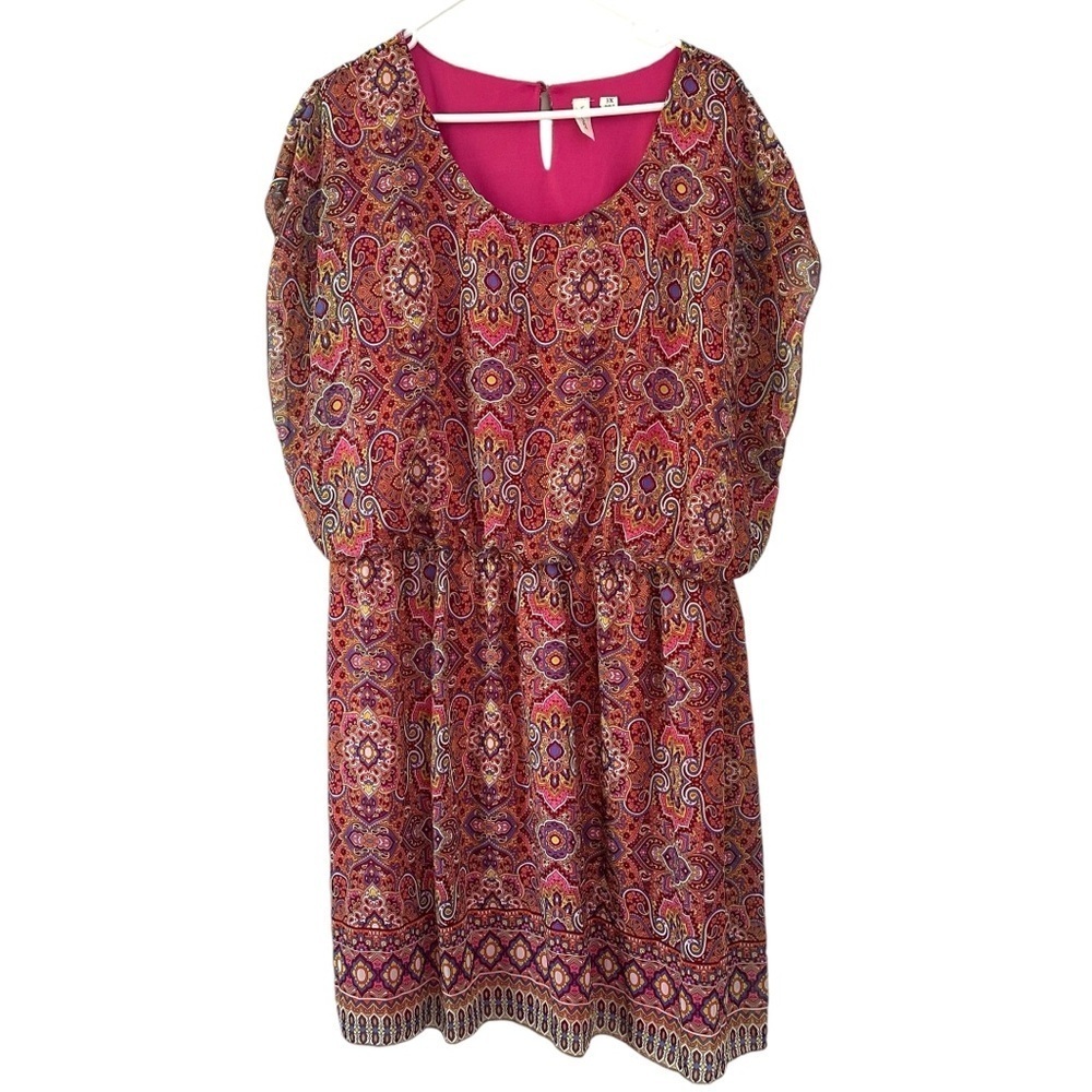 Tacera Multicolor Paisley Scoop Neck Pullover Batwing Sleeves Boho Dress 3X